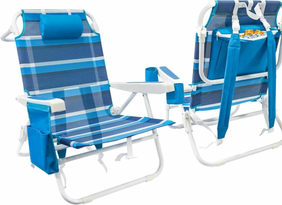 WTVIDAS 2 Pack Textilene Beach Chairs with 5-Position Recliner, Cooler Bag, Cup Holder & Backpack Straps for Camping, Lawn & Outdoor Use