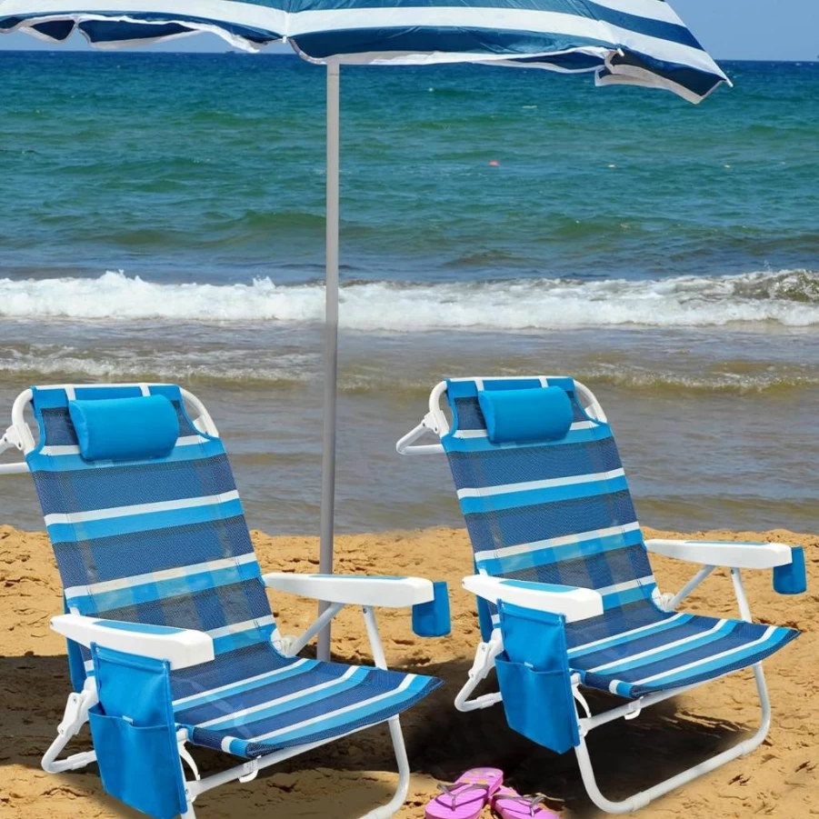 WTVIDAS 2 Pack Textilene Beach Chairs with 5-Position Recliner, Cooler Bag, Cup Holder & Backpack Straps for Camping, Lawn & Outdoor Use