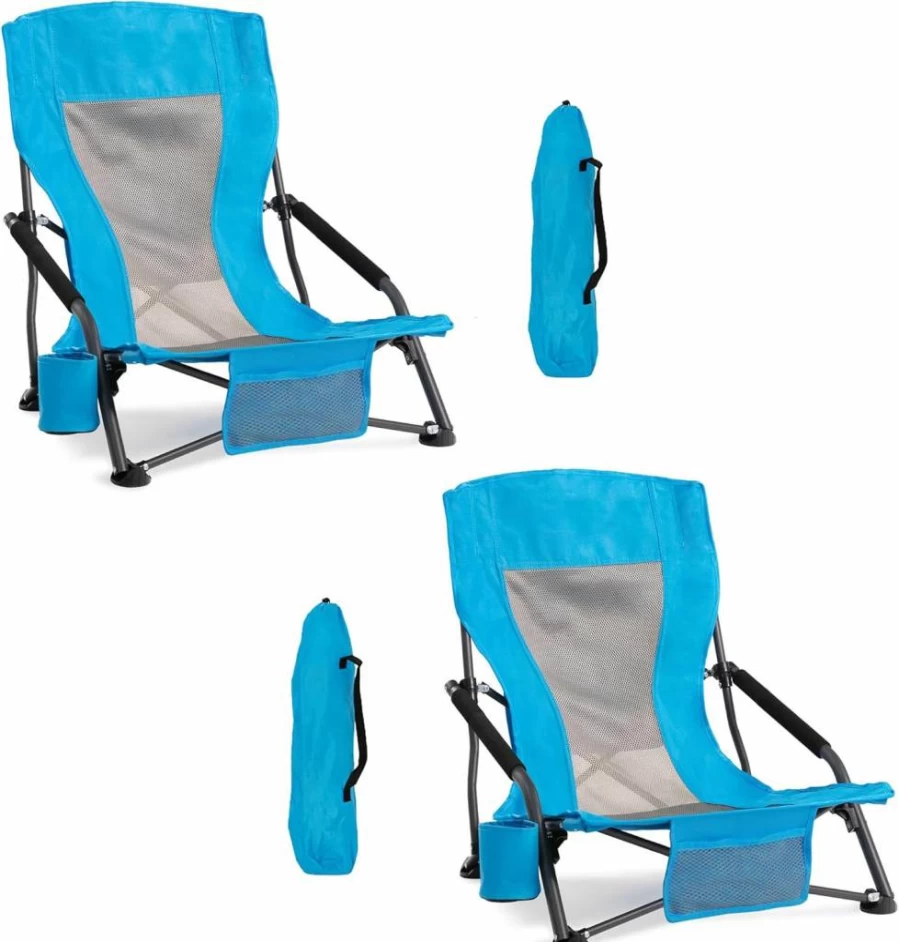 Foristrail Portable Folding Beach Chairs (Set of 2) - Lightweight Low Back Sling Chairs with Cup Holder & Storage Pocket, 300lbs Capacity for Camping, Outdoor, Lawn, Concert, Travel - Blue