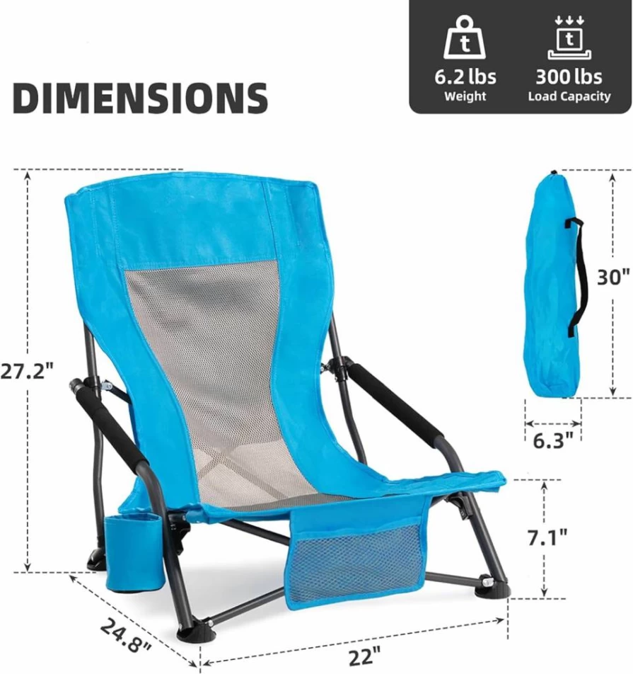 Foristrail Portable Folding Beach Chairs (Set of 2) - Lightweight Low Back Sling Chairs with Cup Holder & Storage Pocket, 300lbs Capacity for Camping, Outdoor, Lawn, Concert, Travel - Blue