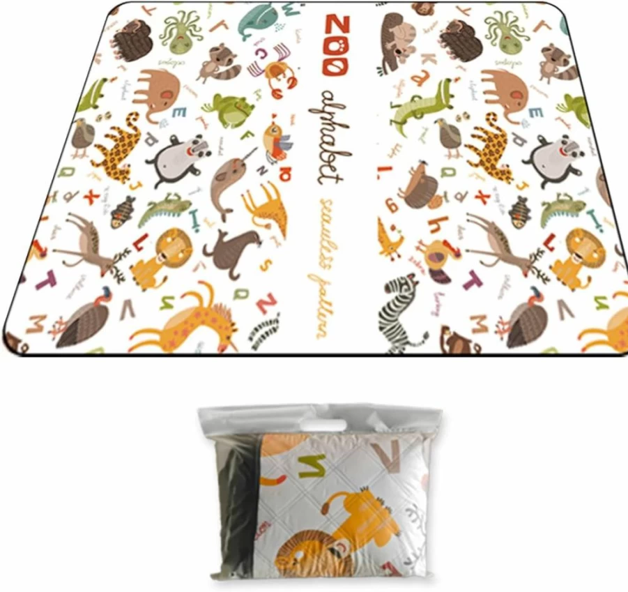 80''X60'' Large Waterproof Picnic Blanket - Sandproof Outdoor Mat for Beach, Camping & Park - Portable with Carry Strap - Animal Print Design