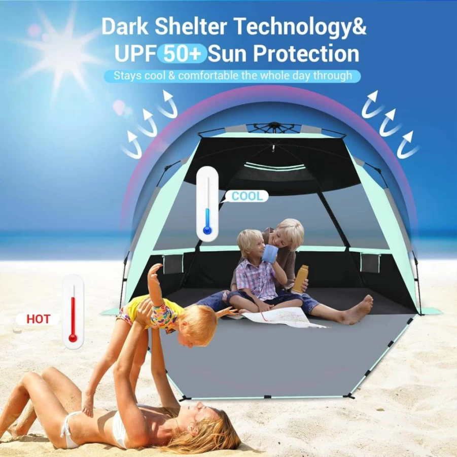 Sebor Deluxe XL Pop-Up Beach Tent for 4-6 People, UPF 50+ Sun Shelter with Dark Technology, Easy Setup & Portable for Beach, Camping, Outdoor