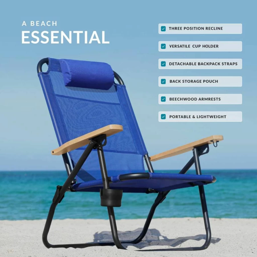 Water Buffalo Reclining Beach Chair Backpack with Cup Holder & High Back Support - Portable Adult Beach Lounge Chair for Bondi & Outdoor Use