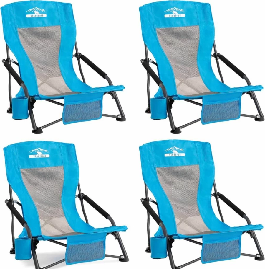 Tisetrail Low Profile Beach Chairs Set of 2 - Lightweight Folding Mesh Chairs with Cup Holder, Portable Low Back Sling Chairs for Adults, Supports 300lbs, Ideal for Beach, Camping, Concert & Travel, Orange