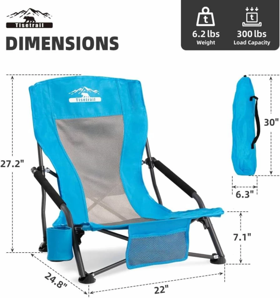 Tisetrail Low Profile Beach Chairs Set of 2 - Lightweight Folding Mesh Chairs with Cup Holder, Portable Low Back Sling Chairs for Adults, Supports 300lbs, Ideal for Beach, Camping, Concert & Travel, Orange