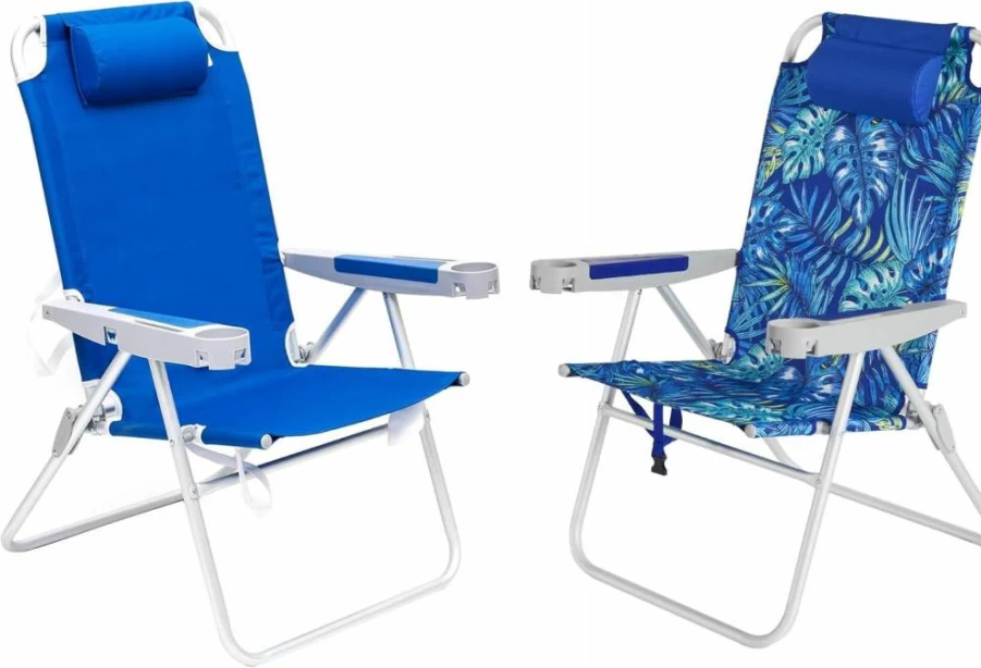SUNNYFEEL 28" Extra Wide Folding Beach Chair - 5 Position Adjustable, Lightweight Portable Camping Chair with Cup Holder for Outdoor, Lawn, Travel & Picnic - Foldable Sand Chair for Adults