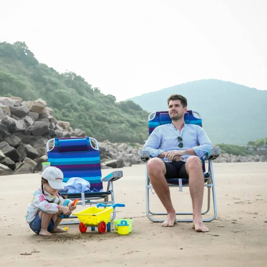 SUNNYFEEL 28" Extra Wide Folding Beach Chair - 5 Position Adjustable, Lightweight Portable Camping Chair with Cup Holder for Outdoor, Lawn, Travel & Picnic - Foldable Sand Chair for Adults