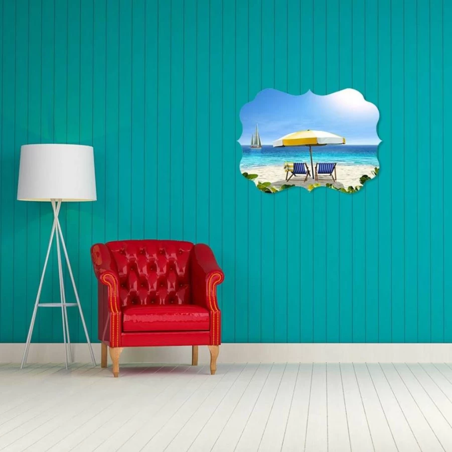 Fantasticdeals 7x5 Inches Benelux Shape Horizontal Wall Art - Beach Scene with White Sand, Chairs, and Tent - Home Decor Picture Frame