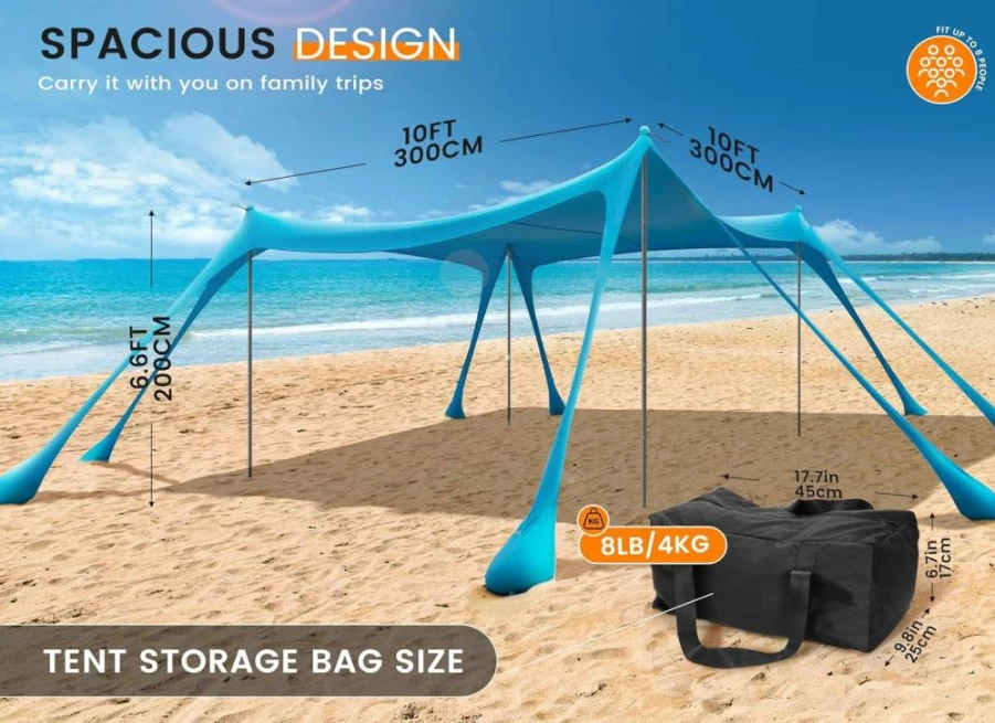 Luckit 10x10ft Beach Tent Sun Shelter – Portable UPF50+ Sun Canopy with 4 Stability Poles, 8 Sandbags, Sand Shovel & Carry Bag for Camping, Fishing, Picnics