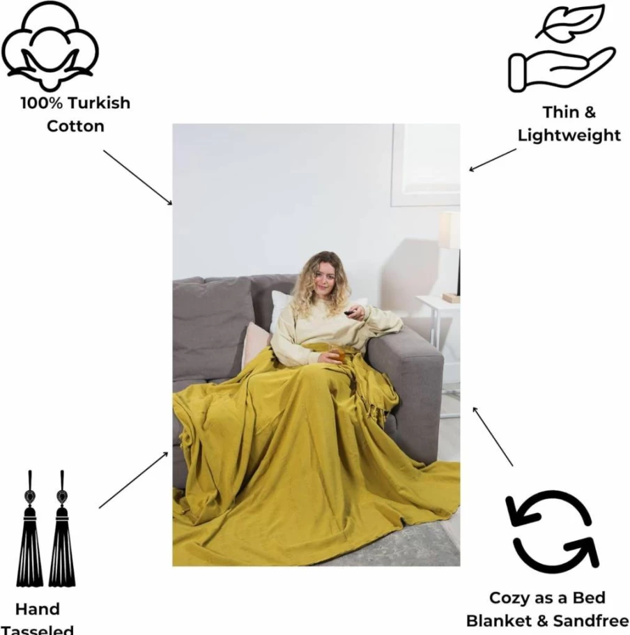 InfuseZen Organic Turkish Cotton Throw Blanket - 80" x 48" Soft, Lightweight & Cozy - Denim Stonewashed for Sofa, Beach, Picnic & Yoga - Sand-Free Absorbent Turkish Beach Blanket