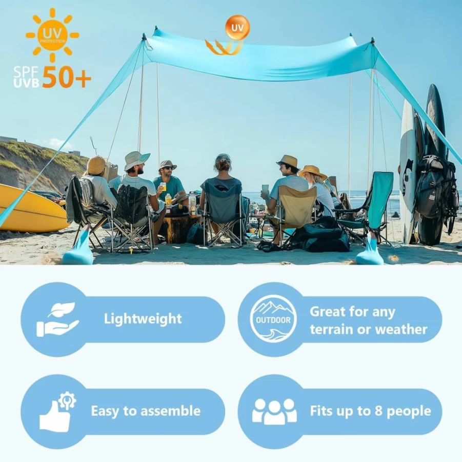 WILDPATH 10x10FT Beach Tent Sun Shelter with UPF 50+ Protection, Portable Canopy for Camping, Fishing, Backyard, Includes 8 Sandbags & Easy Setup