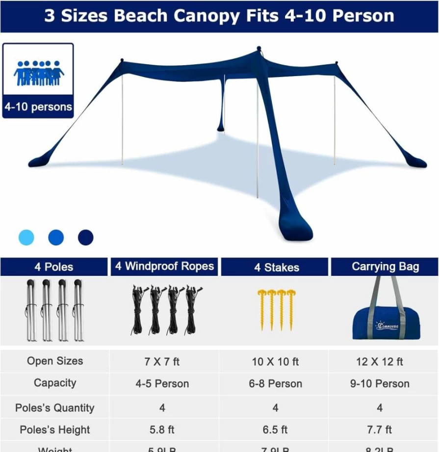 COMMOUDS UPF50+ Pop Up Beach Tent - Portable Sun Shelter with Sand Shovels, 4 Stability Poles & Ground Pegs for Camping, Fishing, Picnics, Backyard