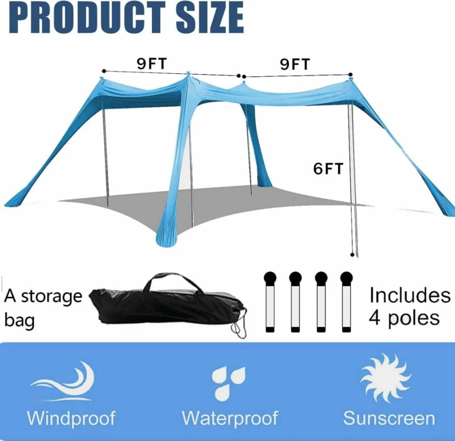 PXYOBTO Beach Tent Sun Shelter UPF50+ Portable Canopy with Sandbags, Shovels & Stakes for Camping, Fishing, Picnics, Backyard