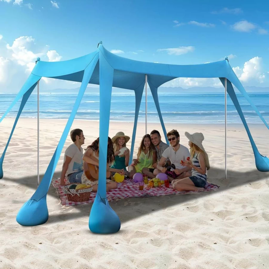 KBCLN 10x10 Ft Beach Tent Sun Shelter with UPF 50+ Canopy, 8 Sandbags, Sand Shovels & Stability Poles for Outdoor Camping, Travel, Backyard Picnics (Light Blue)