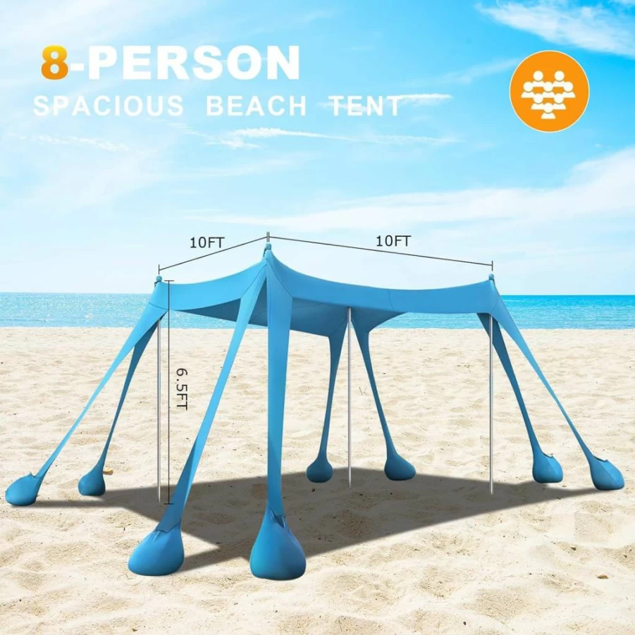 KBCLN 10x10 Ft Beach Tent Sun Shelter with UPF 50+ Canopy, 8 Sandbags, Sand Shovels & Stability Poles for Outdoor Camping, Travel, Backyard Picnics (Light Blue)