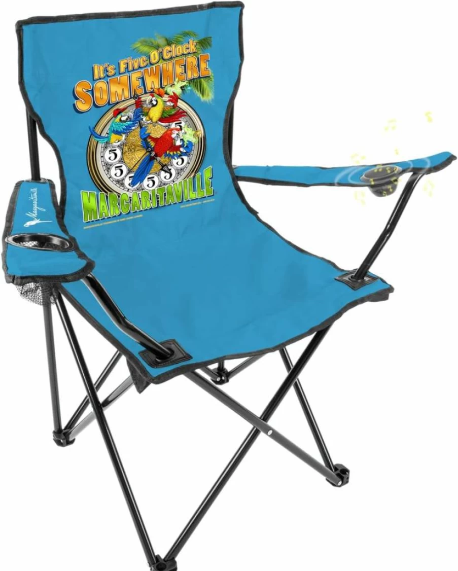 Sakar Folding Beach Chair with Wireless Bluetooth Speakers, Waterproof Design, 5-Hour Playback, 20ft Range, Cup Holder, Backpack & Padded Headrest