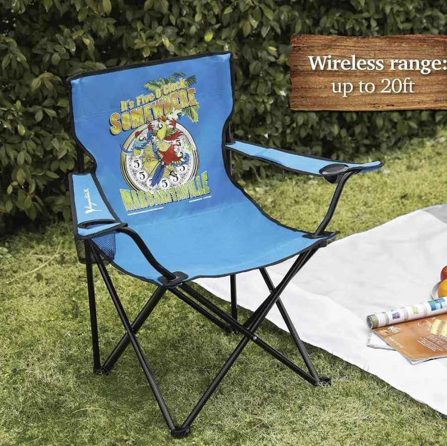 Sakar Folding Beach Chair with Wireless Bluetooth Speakers, Waterproof Design, 5-Hour Playback, 20ft Range, Cup Holder, Backpack & Padded Headrest