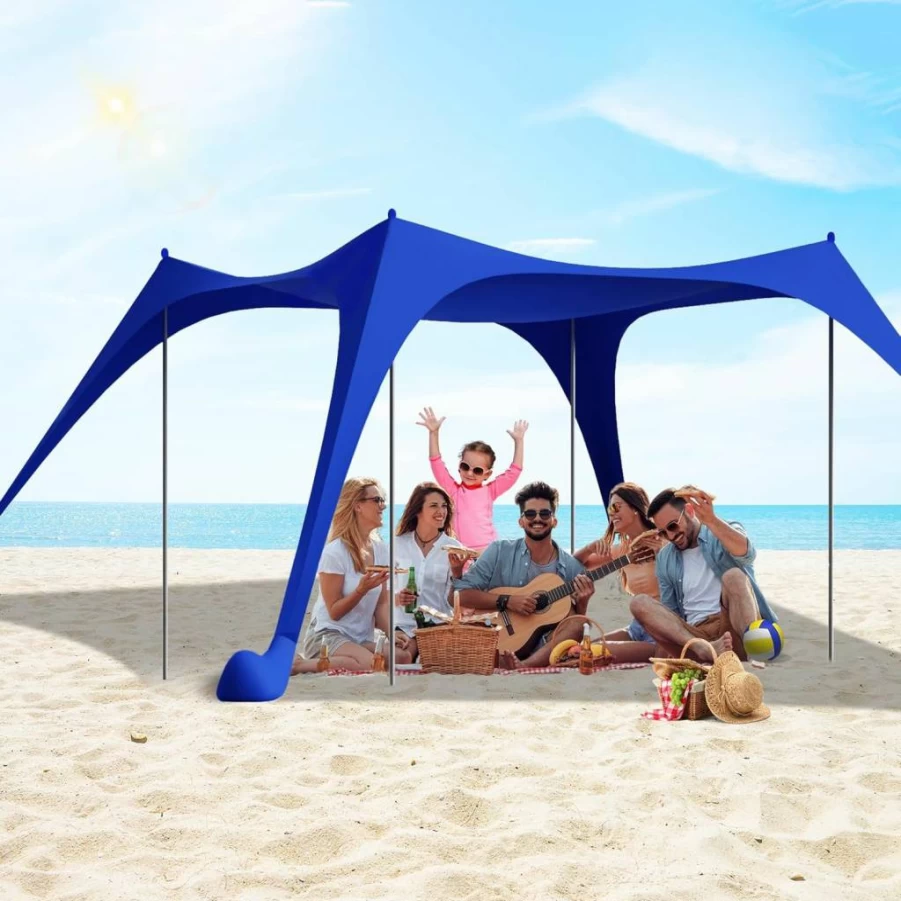ERFEI 10x10FT Portable Beach Tent Sun Shelter with UPF 50+ Protection, Sandbags & Windproof Poles - Pop Up Canopy for Camping, Picnics, Backyard, Fishing (Cyan)
