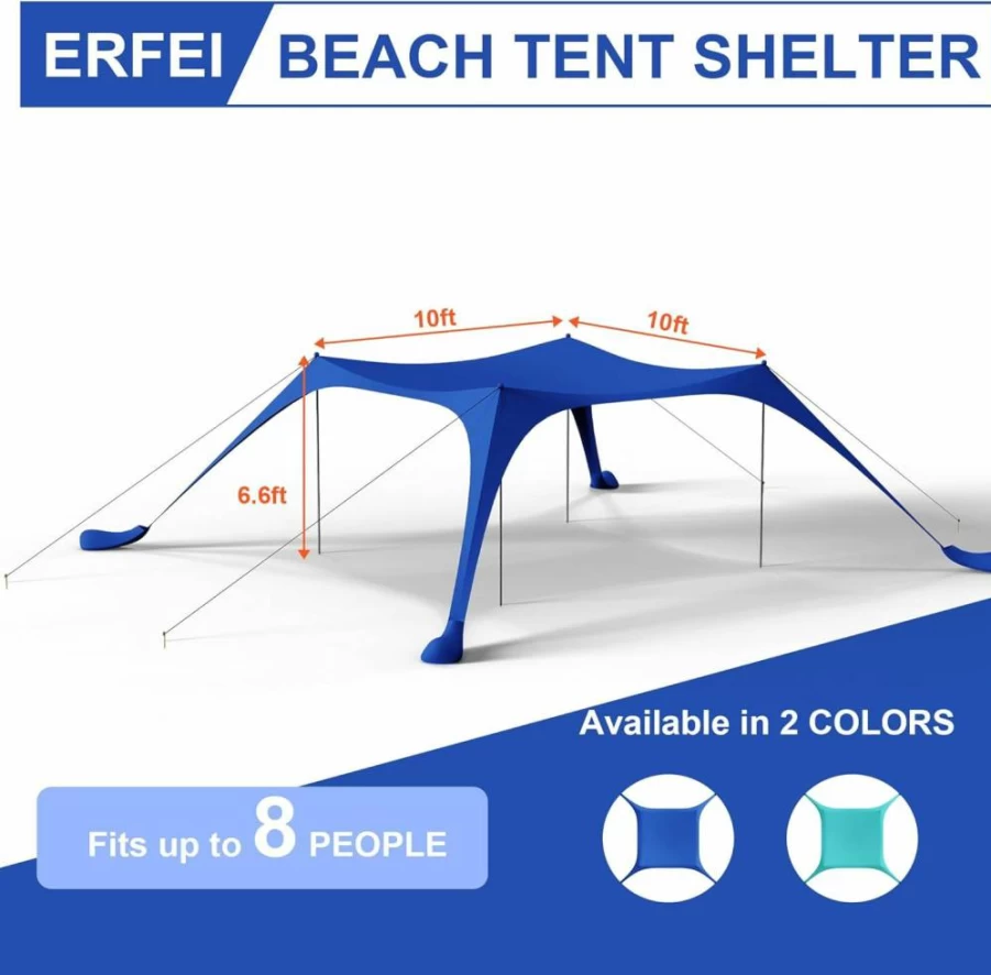 ERFEI 10x10FT Portable Beach Tent Sun Shelter with UPF 50+ Protection, Sandbags & Windproof Poles - Pop Up Canopy for Camping, Picnics, Backyard, Fishing (Cyan)
