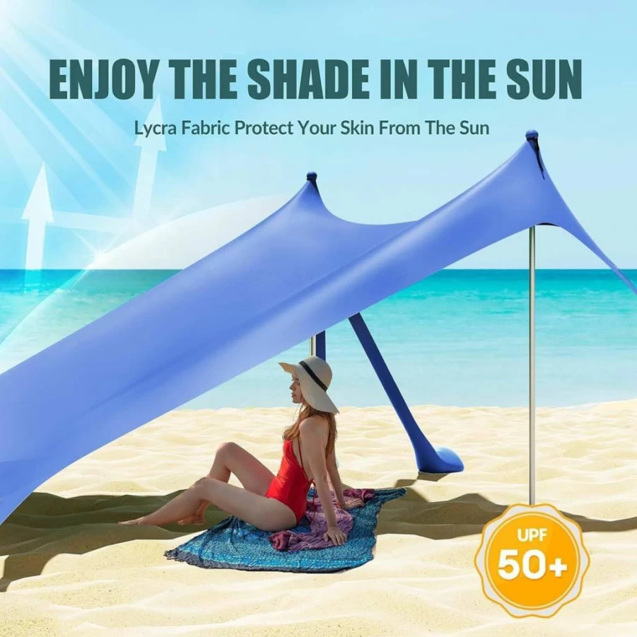 Gardentime Pop Up Beach Tent Canopy - Portable Sun Shelter with 8 Sandbags, 4 Aluminum Poles, 2 Sand Shovels, Ground Pegs & Carrying Bag for Outdoor Camping, Picnic, Fishing