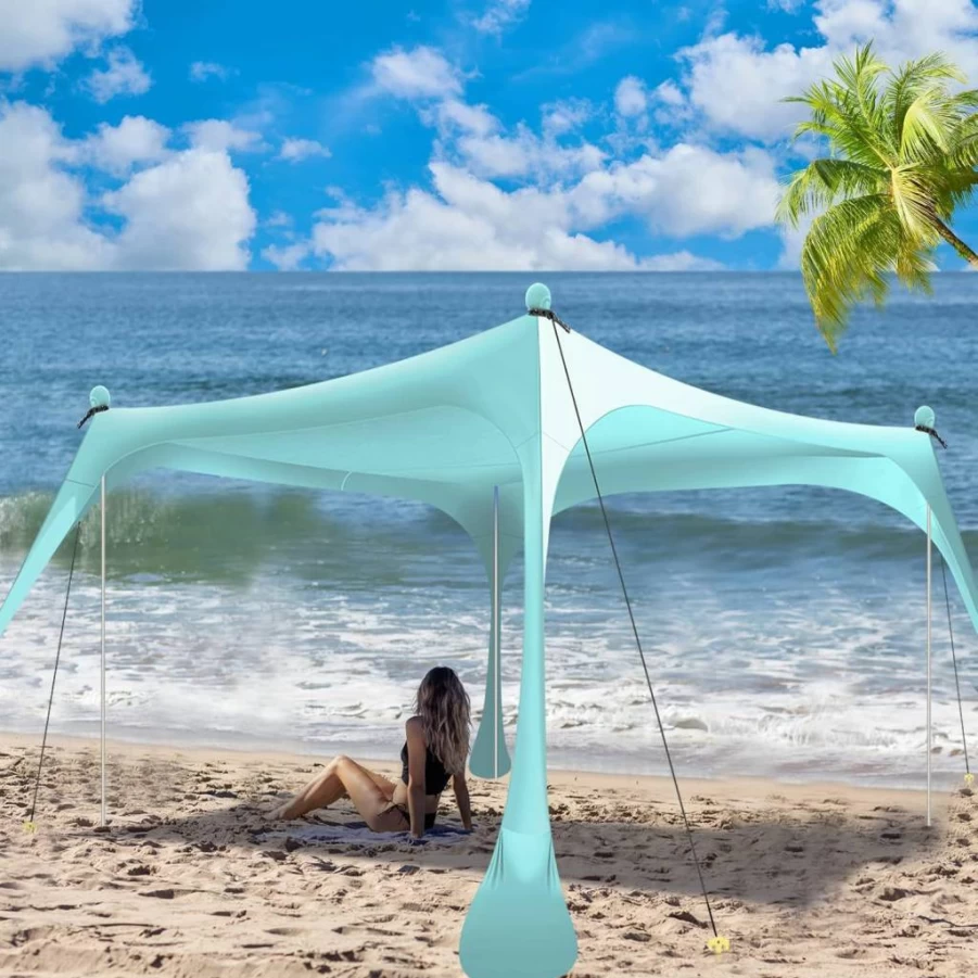 Buheco 10x10ft Beach Tent Pop Up Canopy Sun Shelter with UPF50+ Protection, Foldable Poles, Portable Bag, Sand Shovel, Pegs & Windproof Ropes for Outdoor Camping, Fishing, Picnics
