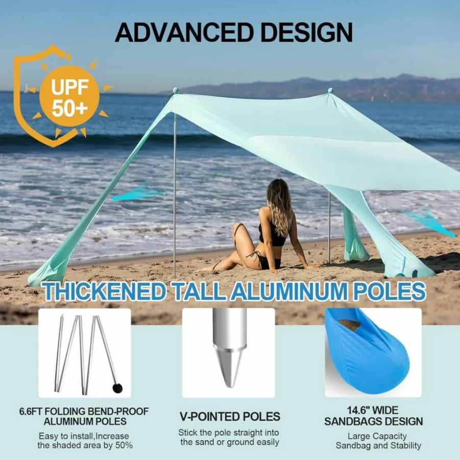 Buheco 10x10ft Beach Tent Pop Up Canopy Sun Shelter with UPF50+ Protection, Foldable Poles, Portable Bag, Sand Shovel, Pegs & Windproof Ropes for Outdoor Camping, Fishing, Picnics