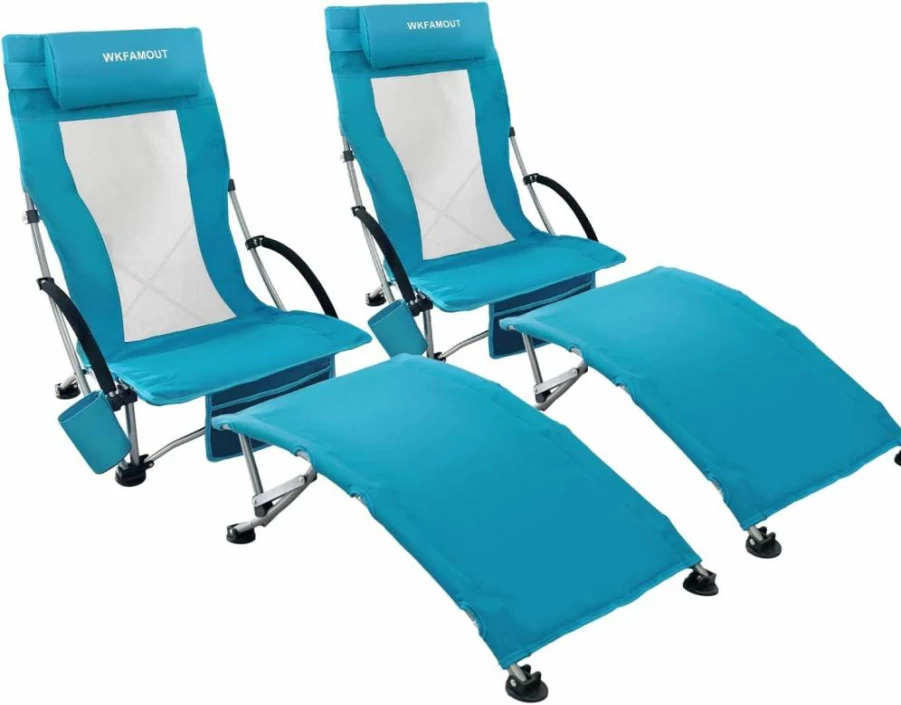 WKFAMOUT 2 Pack Lightweight Folding Beach Chairs with Footrest & Cup Holder - High Back Portable Lounge Chairs for Adults, Supports 265Lbs, Ideal for Outdoor, Travel, Concert - Cyan