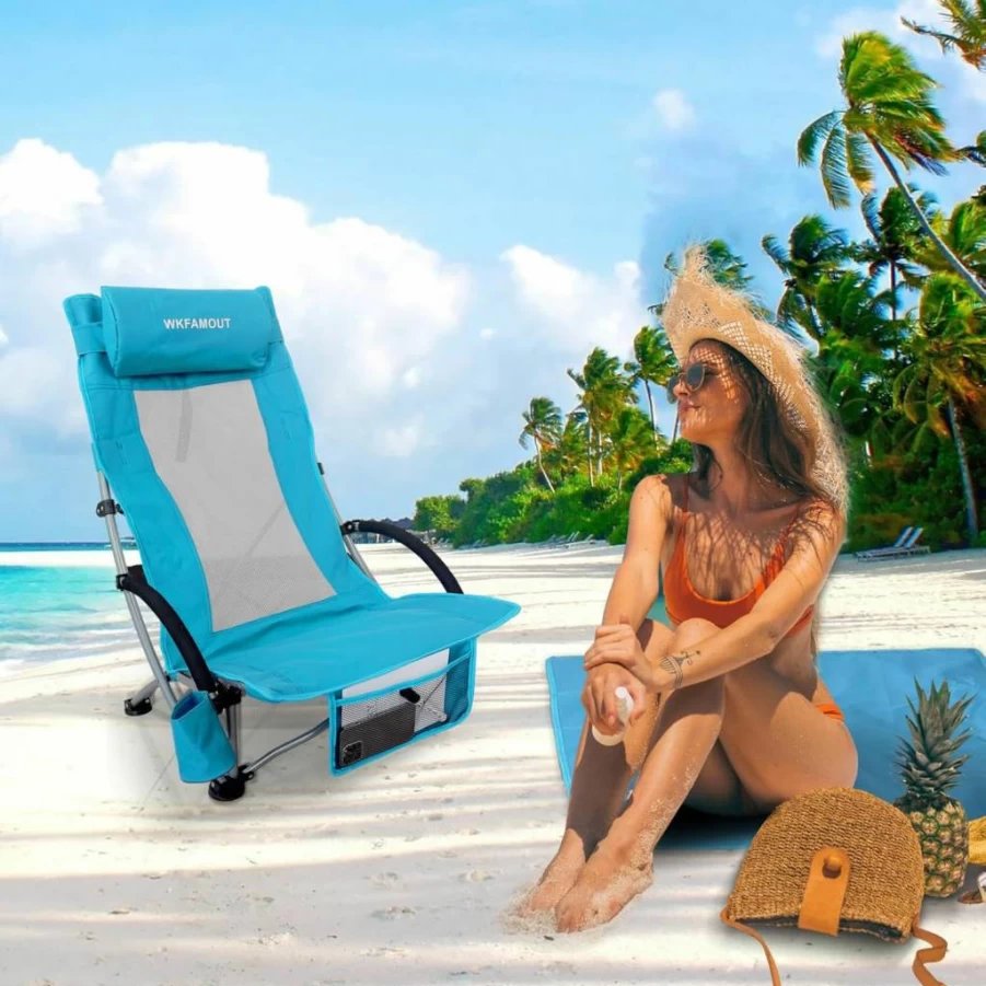 WKFAMOUT 2 Pack Lightweight Folding Beach Chairs with Footrest & Cup Holder - High Back Portable Lounge Chairs for Adults, Supports 265Lbs, Ideal for Outdoor, Travel, Concert - Cyan