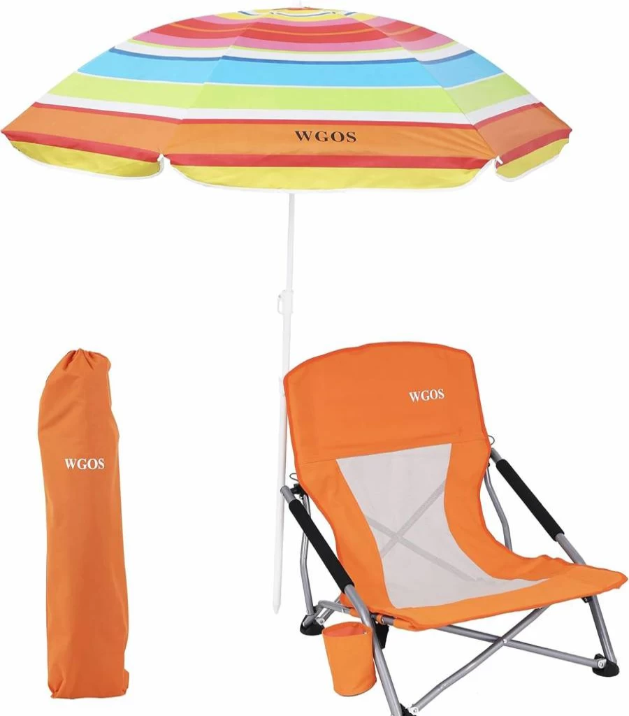 WGOS 2-Pack Orange Folding Beach Chairs with Detachable SPF 50+ Umbrella, Armrests & Cup Holder – Portable Low Sand Chair for Adults