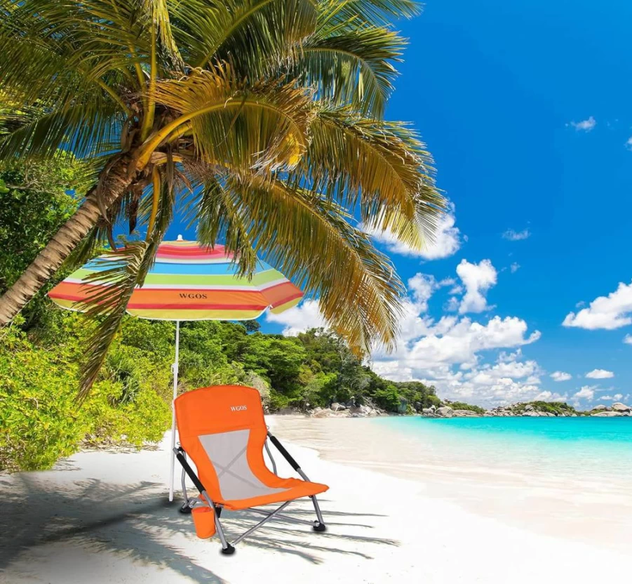 WGOS 2-Pack Orange Folding Beach Chairs with Detachable SPF 50+ Umbrella, Armrests & Cup Holder – Portable Low Sand Chair for Adults