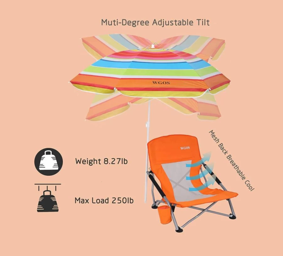 WGOS 2-Pack Orange Folding Beach Chairs with Detachable SPF 50+ Umbrella, Armrests & Cup Holder – Portable Low Sand Chair for Adults