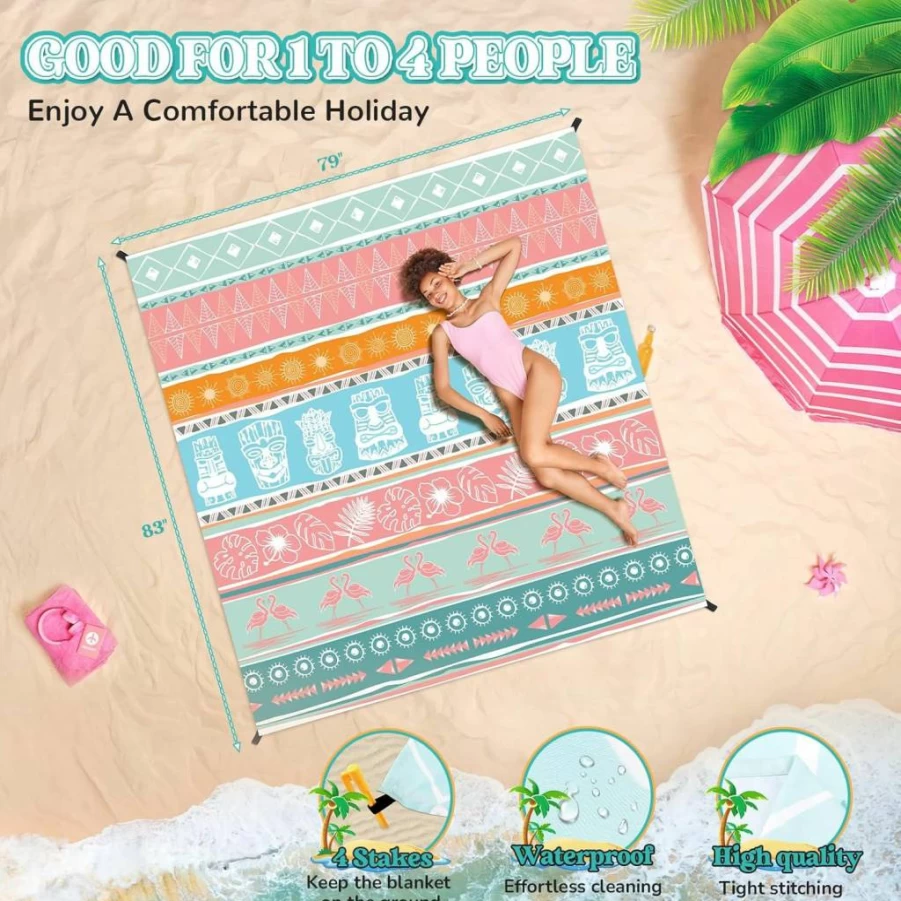 Generic Waterproof Sandproof Oversized Beach Blanket 79x83 Inch – Lightweight, Quick-Dry Picnic Mat for 4 Adults, Travel, Camping & Outdoor Activities