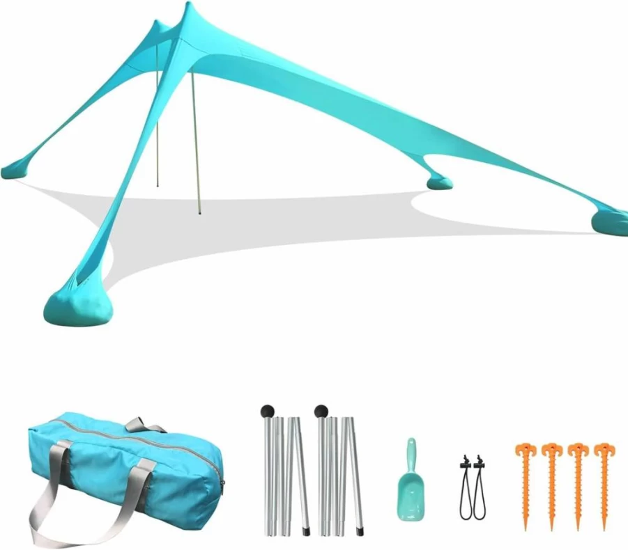 RRNAR Beach Tent with Sand Anchor - 2.1M x 2.1M Portable Sun Shelter, UV Protection Canopy for Camping & Outdoor, Includes Sand Shovel & Carrying Bag, Reinforced Corners for Stability