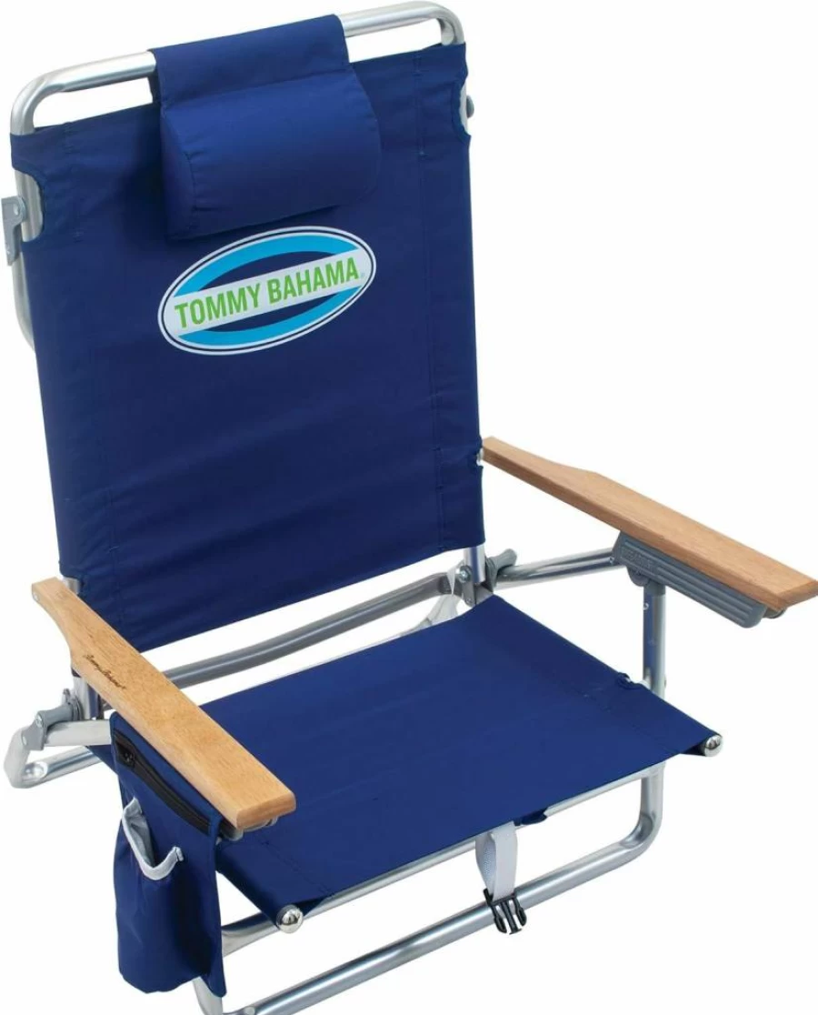 Tommy Bahama Navy Blue Polyester 5-Position Lay Flat Folding Beach Chair with Backpack Carry
