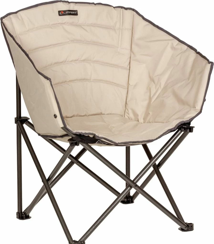 Lippert Components Campfire Barrel Chair - Foldable Outdoor Lounge Chair with High-Loft Cushion, Durable Polyester/Oxford Fabric, Powder-Coated Steel Frame, Lightweight Sand-Colored Design