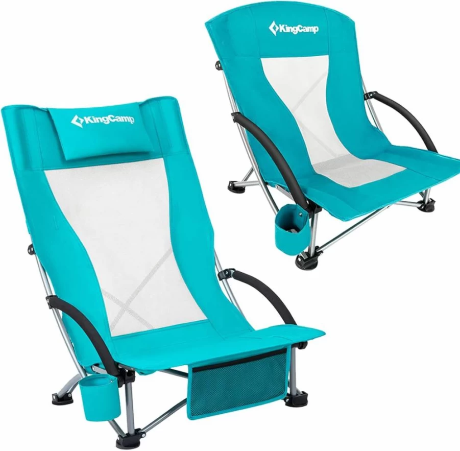 KingCamp Portable Folding Beach Chair with Adjustable Backrest – Lightweight Cyan Outdoor Lounge Chair for Sand, Camping & Travel