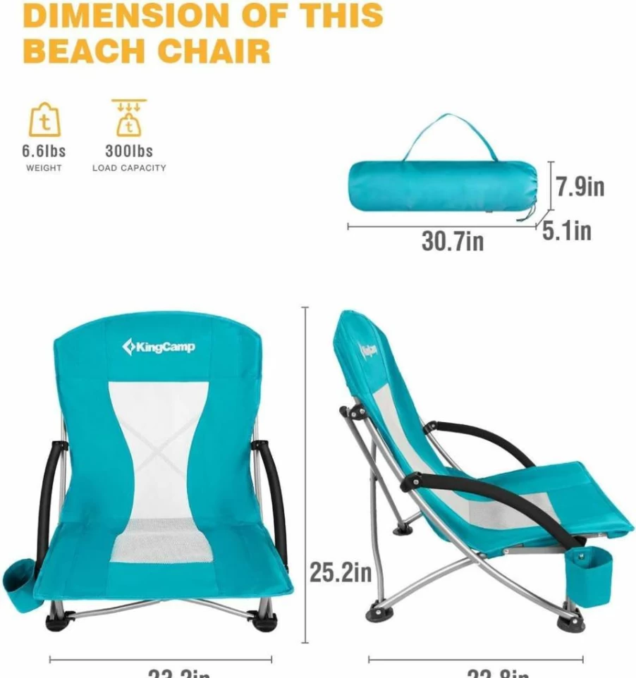 KingCamp Portable Folding Beach Chair with Adjustable Backrest – Lightweight Cyan Outdoor Lounge Chair for Sand, Camping & Travel