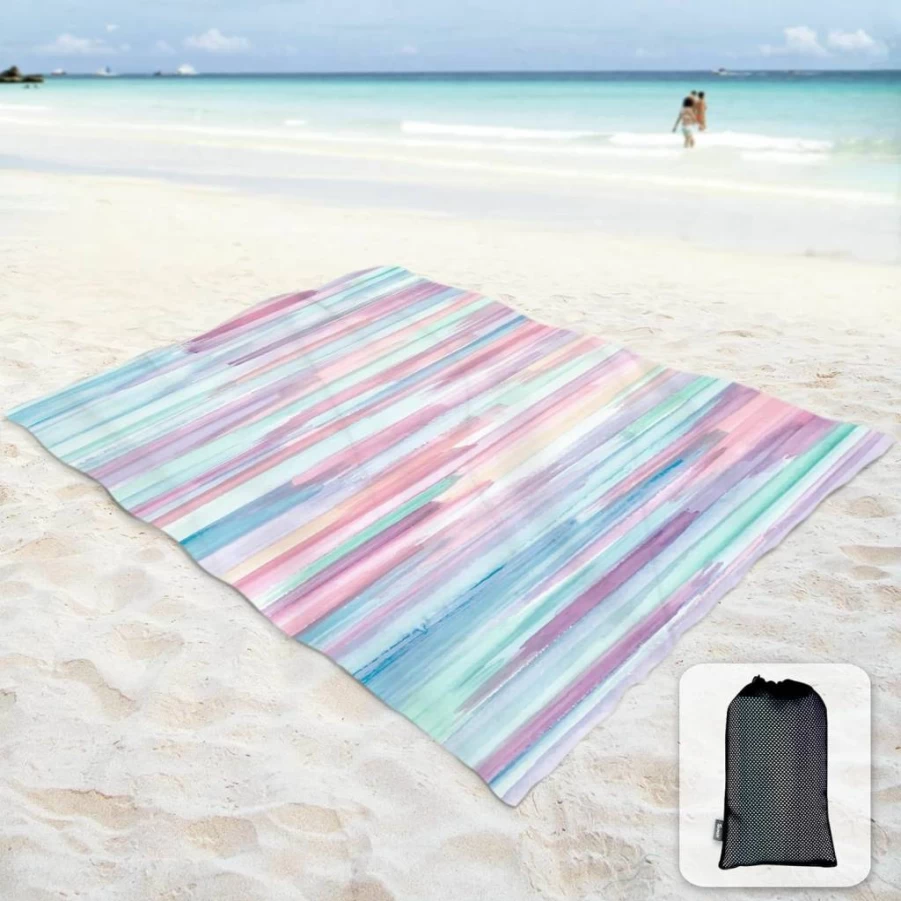 Sunlit Silky Soft Sand Proof Beach Blanket - 106"X81" Large Waterproof Mat with Corner Pockets & Carry Bag for Travel, Camping, Picnics, Outdoor Festivals - Macaron Blue Design