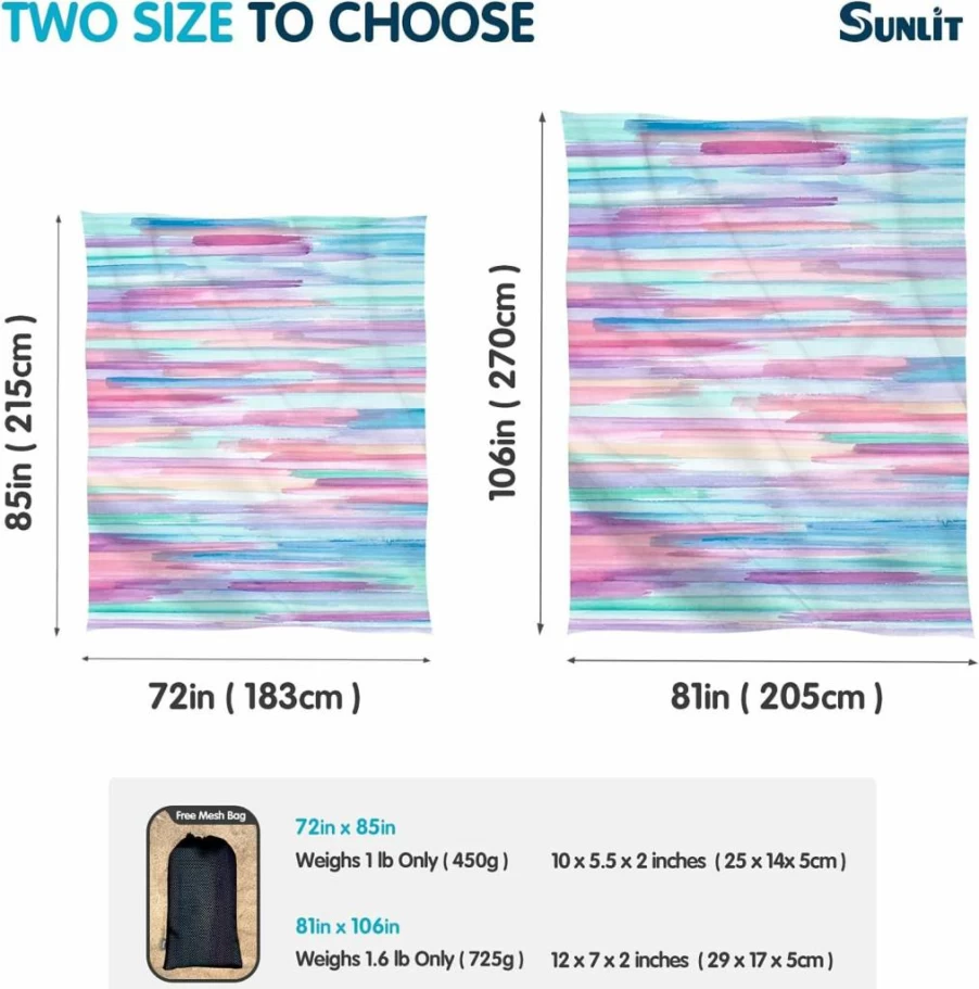 Sunlit Silky Soft Sand Proof Beach Blanket - 106"X81" Large Waterproof Mat with Corner Pockets & Carry Bag for Travel, Camping, Picnics, Outdoor Festivals - Macaron Blue Design