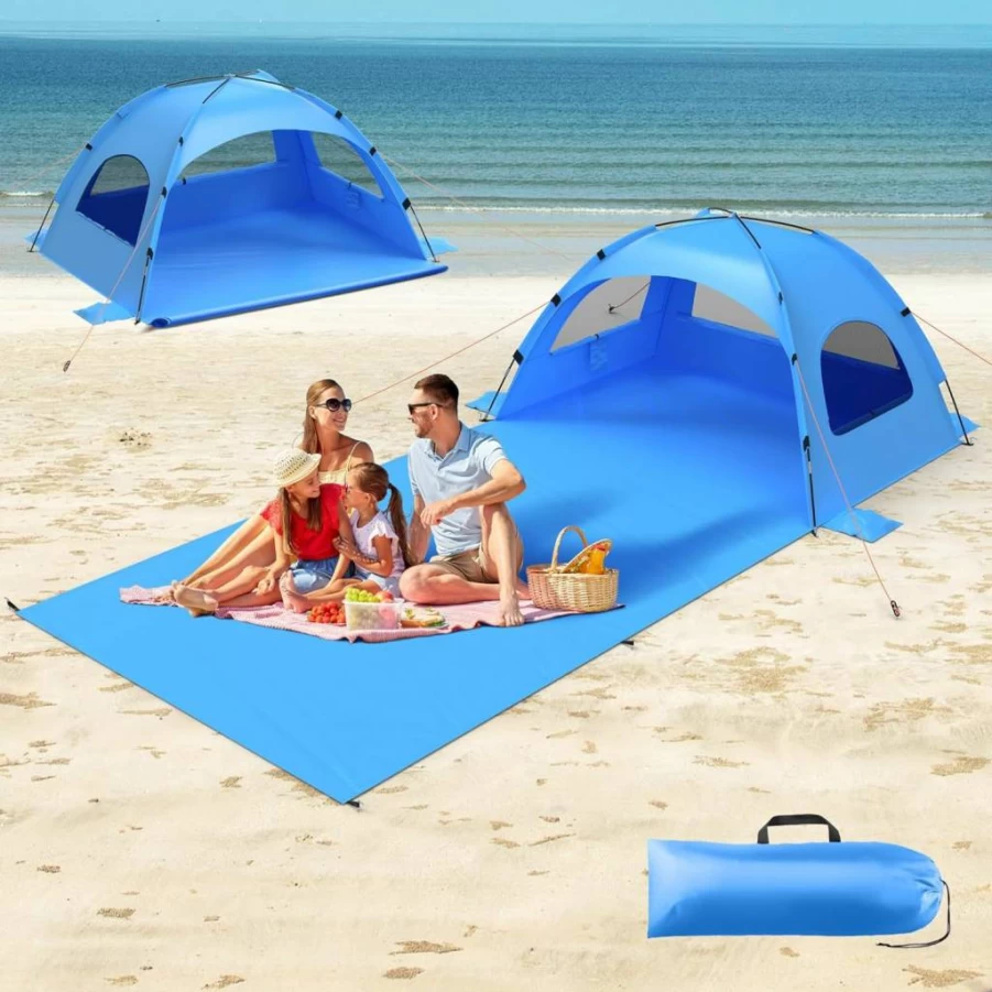 OAOA Innovation Beach Tent Sun Shelter - UPF 50+ Windproof Waterproof Portable Shade with Extended Sand Mat for 3-4 People, Enhanced Privacy Windows