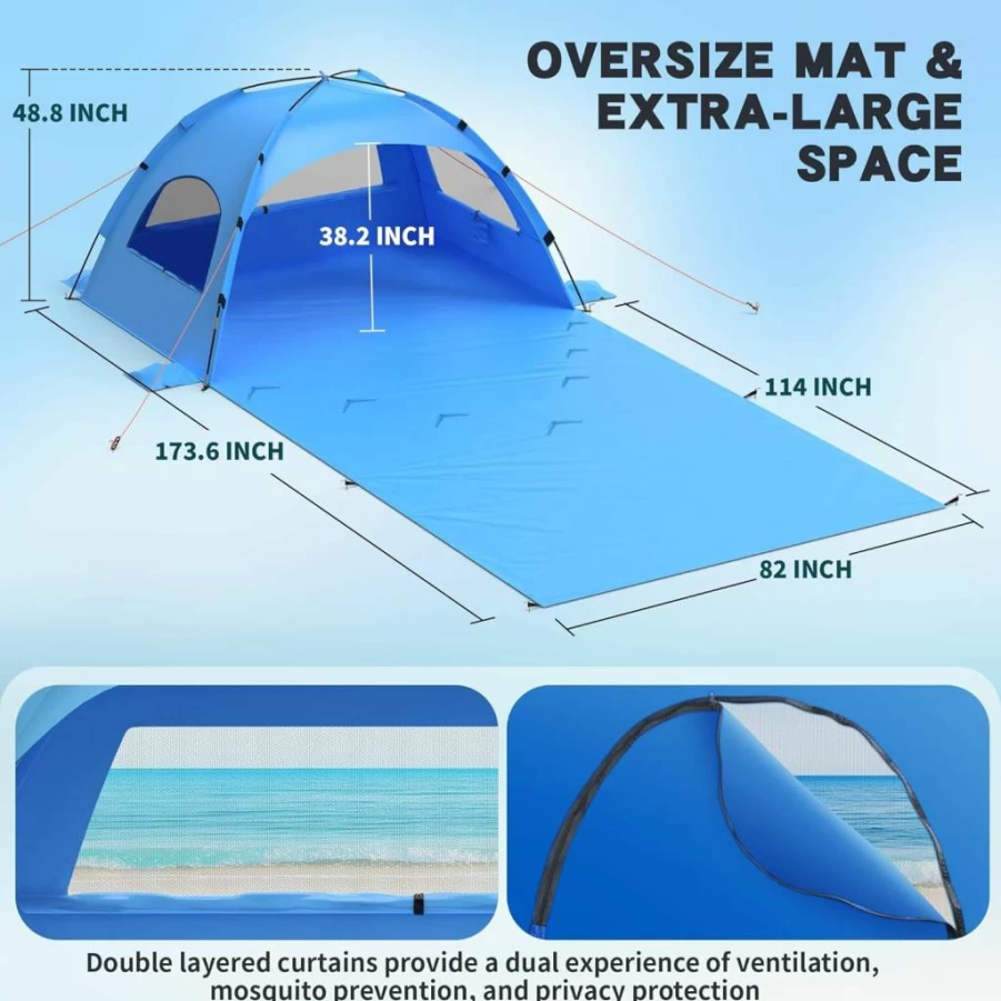 OAOA Innovation Beach Tent Sun Shelter - UPF 50+ Windproof Waterproof Portable Shade with Extended Sand Mat for 3-4 People, Enhanced Privacy Windows