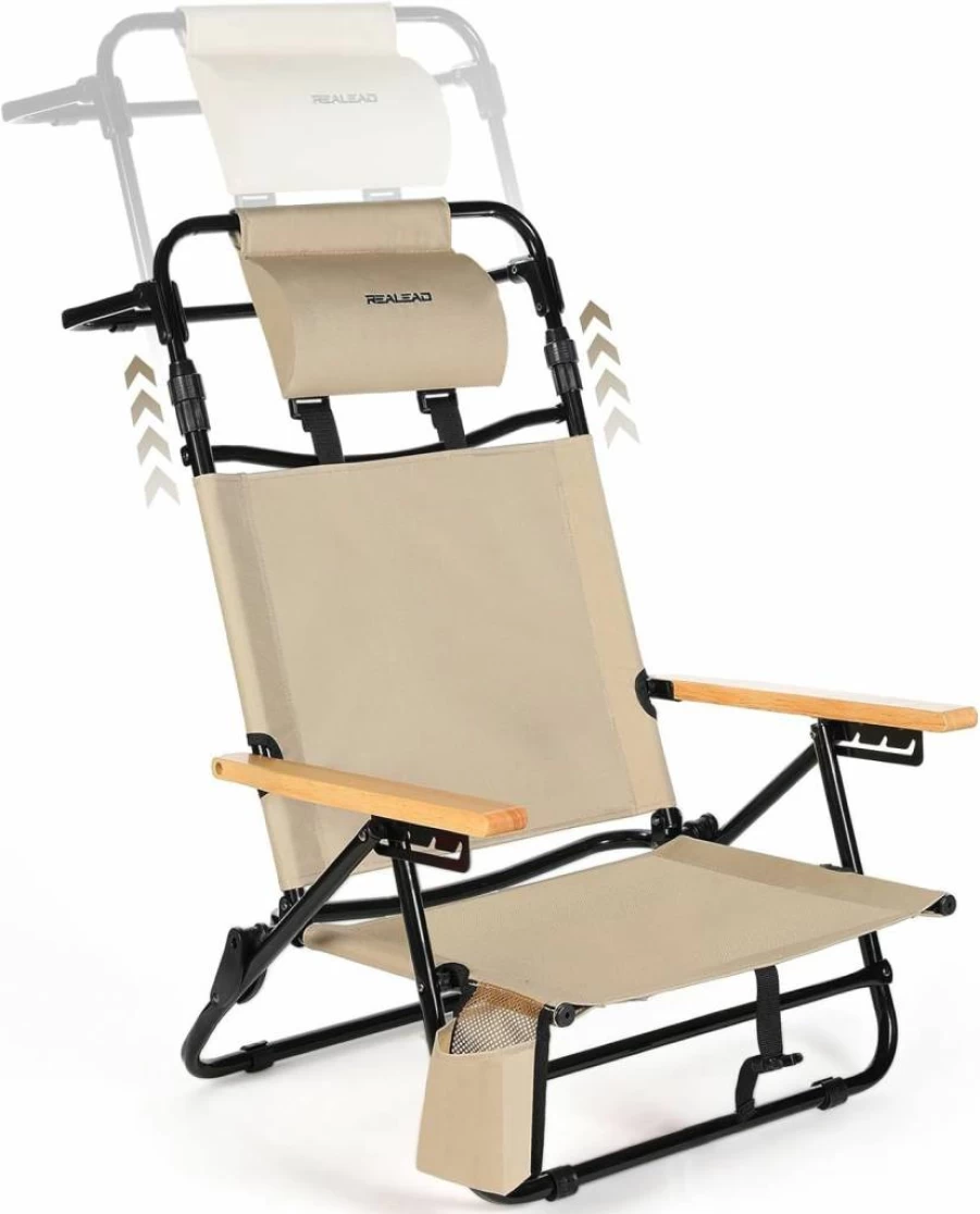 REALEAD Heavy Duty Folding Beach Chair for Adults - 4-Position Recliner with Headrest, Cooler Pouch & 330Lb Capacity, Portable Lay Flat Design for Outdoor Relaxation