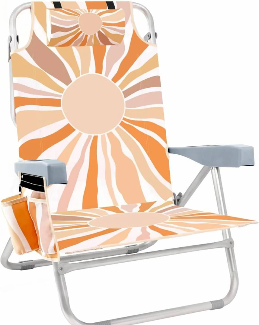 BEW 5-Position Adjustable Beach Chair with Cooler, Cup Holder & Storage Bag - Portable Folding Heavy Duty Lounge Chair for Adults, Outdoor, Camping, Lawn, Festivals - Black Stripe Design