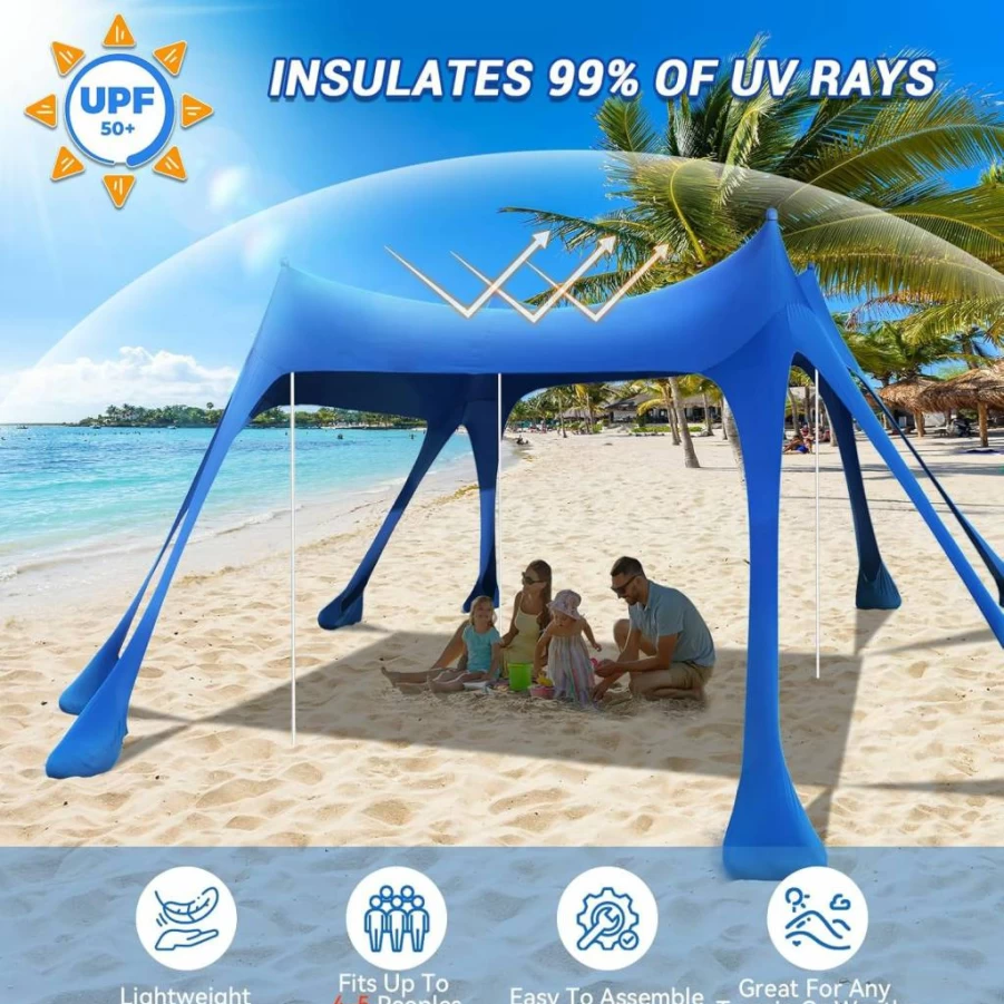 Aomedeelf 10x10FT UPF50+ Beach Tent Sun Shelter with Sandbags & Poles, Portable Light Blue Canopy for Camping, Fishing, Picnics, Backyard
