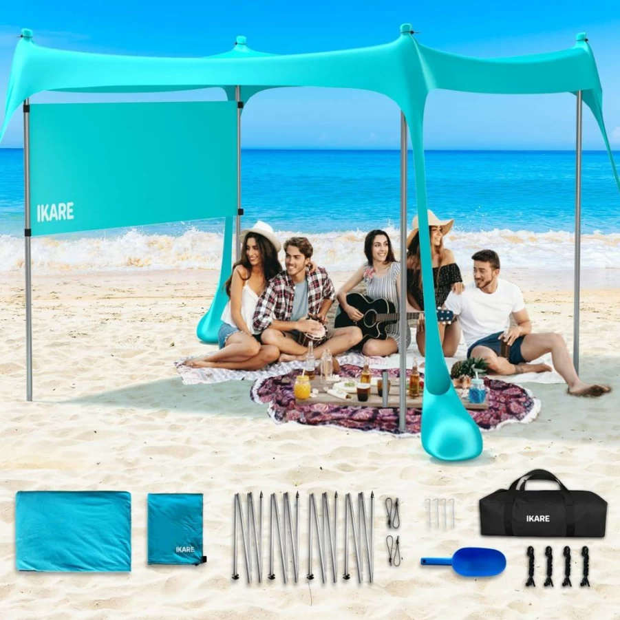 IKARE 10x10 FT Beach Canopy Tent with UPF 50+ Sun Protection, Side Walls, Sandbags, Carry Bag, Foldable Poles, Sand Shovel & Ground Pegs for Portable Beach Shelter