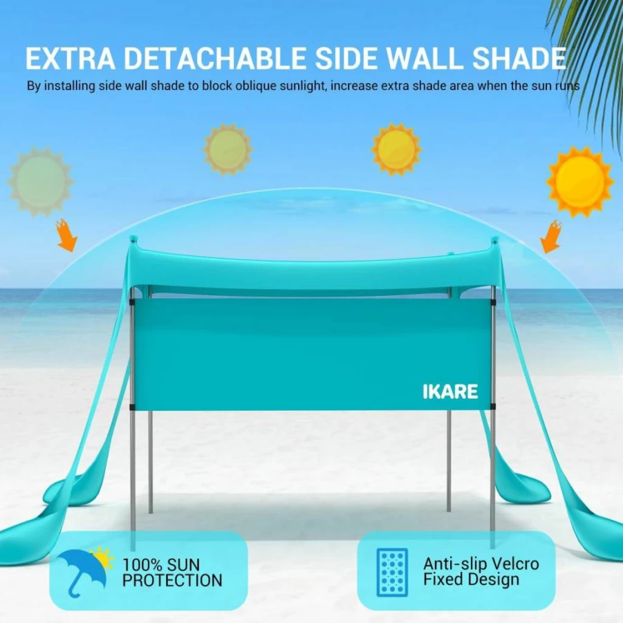IKARE 10x10 FT Beach Canopy Tent with UPF 50+ Sun Protection, Side Walls, Sandbags, Carry Bag, Foldable Poles, Sand Shovel & Ground Pegs for Portable Beach Shelter
