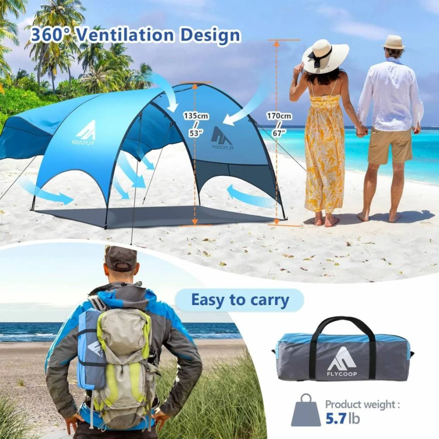 Flycoop Beach Tent with UV Protection - Portable Sun Shelter, 360° Ventilation, Large Storage Pockets, Compact Fold Design for Outdoor, Camping & Beach (Blue)