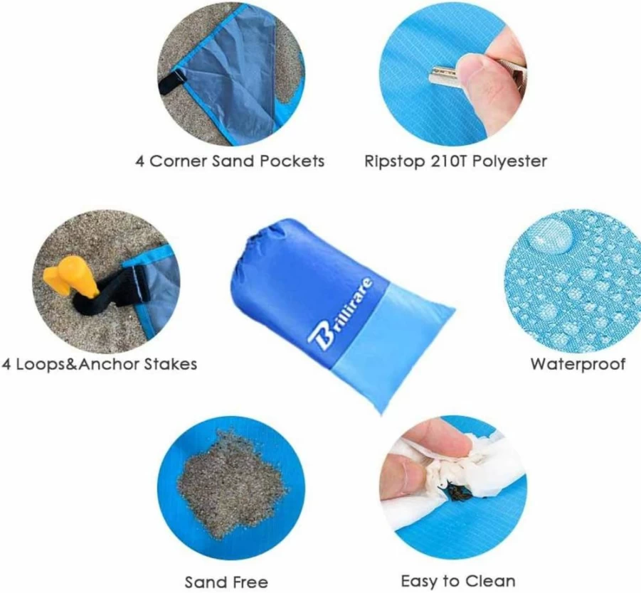 BRILLIRARE Sandproof Beach Blanket - Waterproof, Lightweight Picnic Mat for Outdoor Camping, Hiking & Festivals with 4 Stakes & Corner Pockets