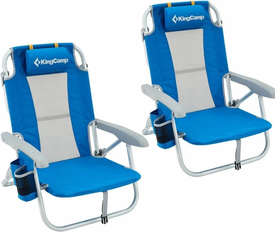 KingCamp 2 Pack Portable Folding Beach Chairs with Adjustable Reclining Back, 3-Position Lawn Camping Chair for Outdoor, Travel, Concert, Festival (Blue)