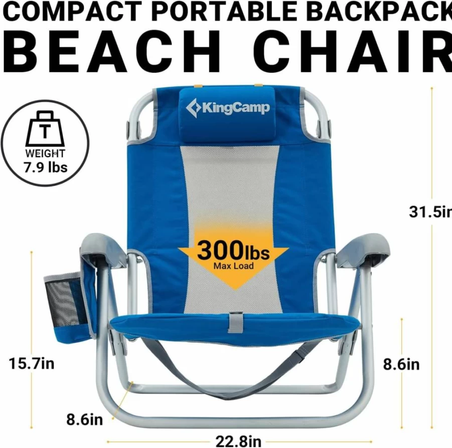 KingCamp 2 Pack Portable Folding Beach Chairs with Adjustable Reclining Back, 3-Position Lawn Camping Chair for Outdoor, Travel, Concert, Festival (Blue)
